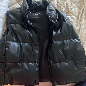 Leather cropped Zara puff jacket